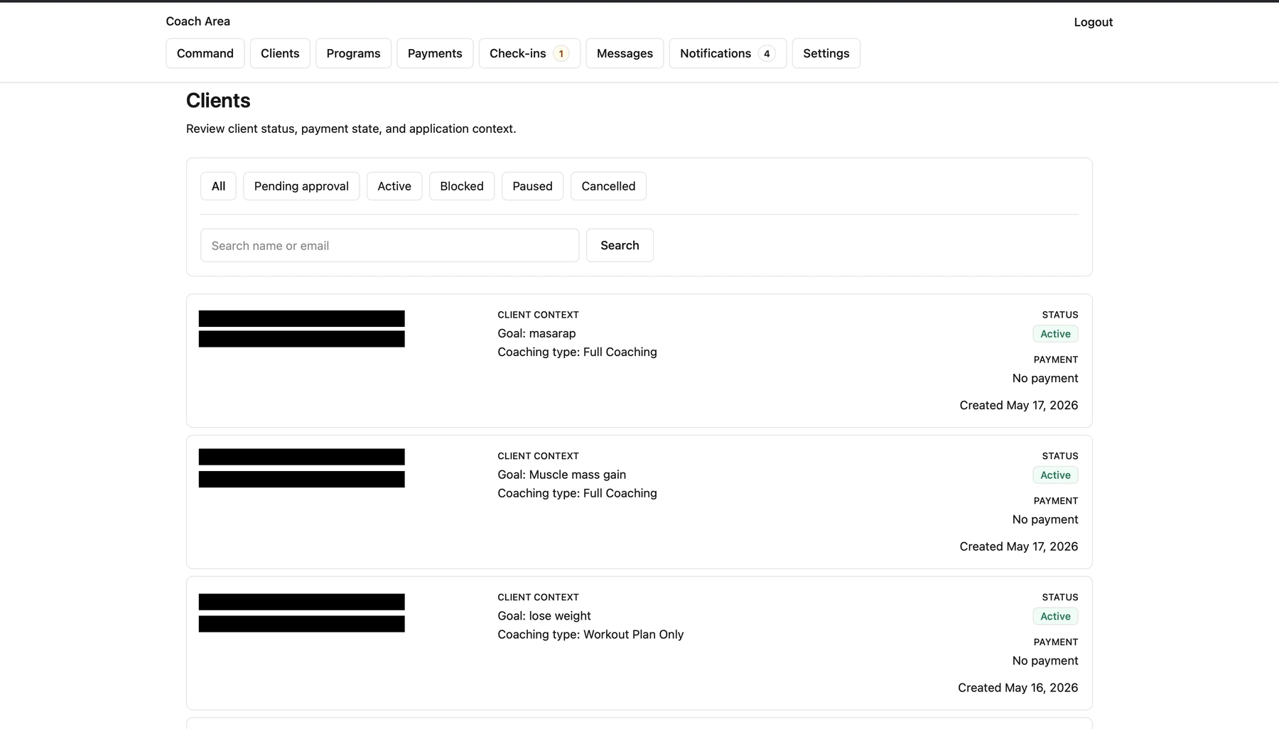 MOREE.FIT client operations view with client status filters and payment state.