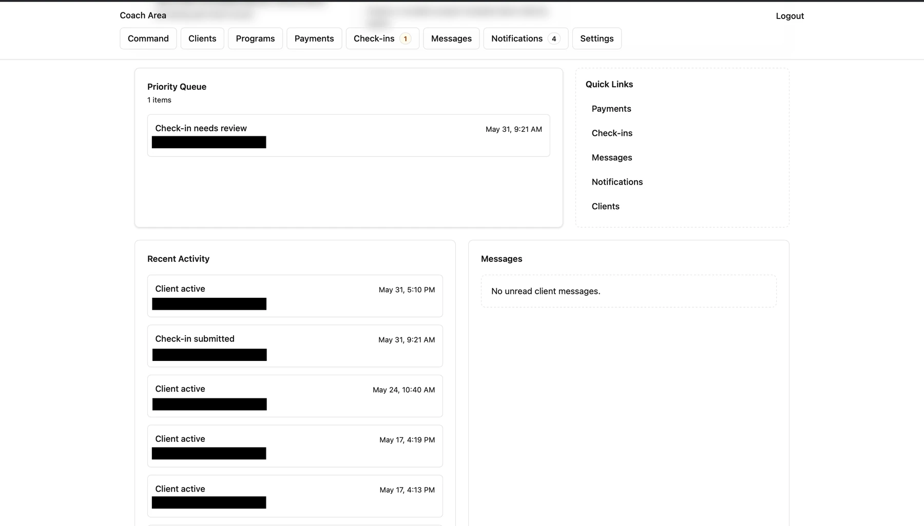 MOREE.FIT coach operating dashboard with priority queue and recent activity.